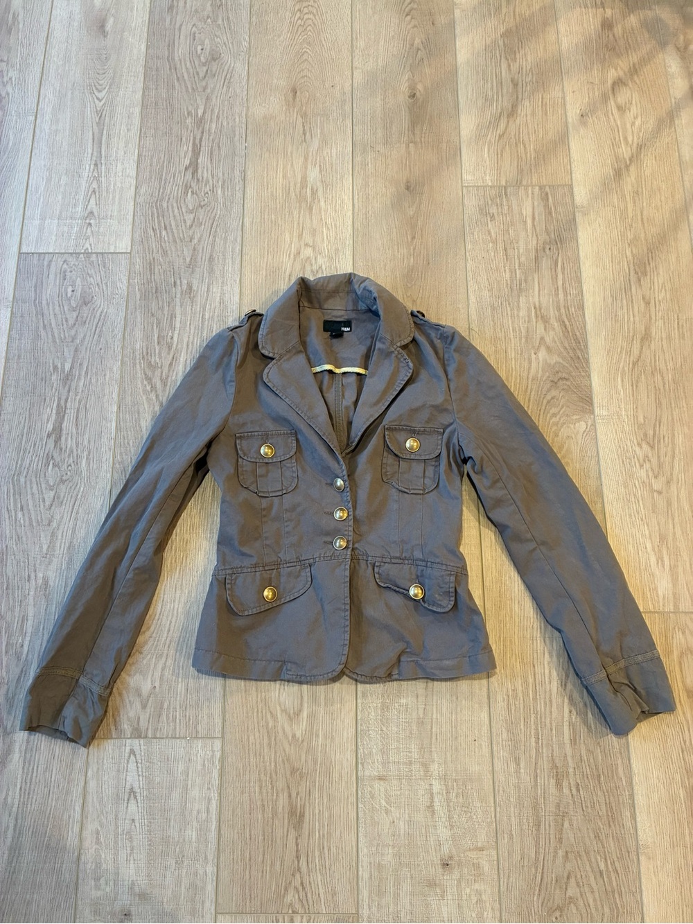 H&M Military-Style Button Front Jacket Grey/Olive with brass buttons cotton 4